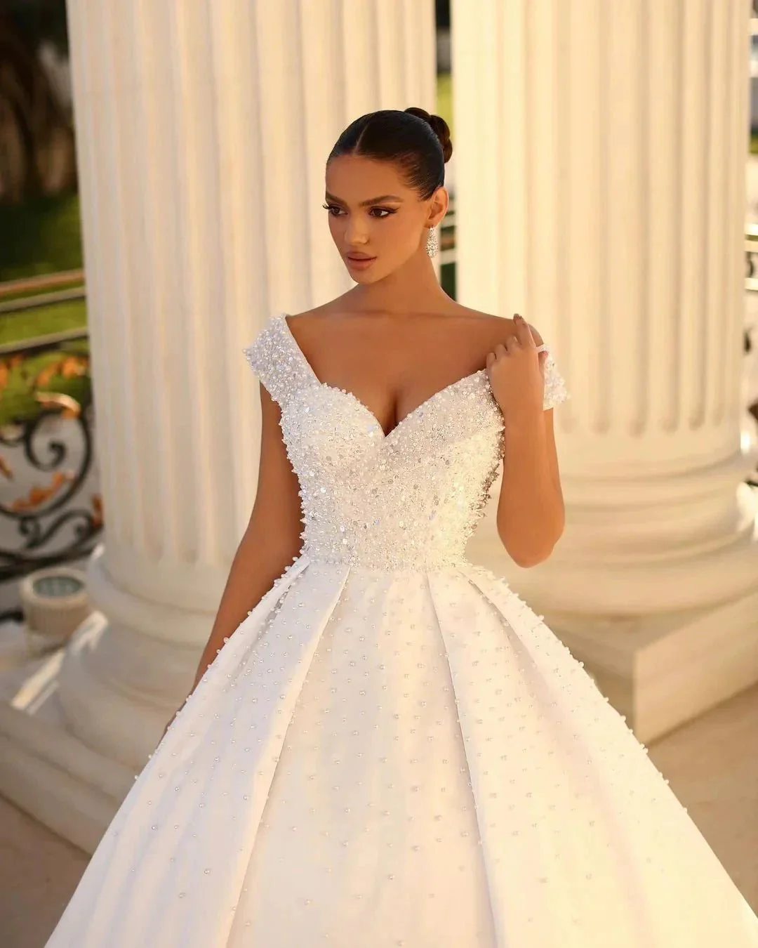 Charming Long White Off-the-shoulder A-line Sequined Wedding Dress With Pearls - Image 3