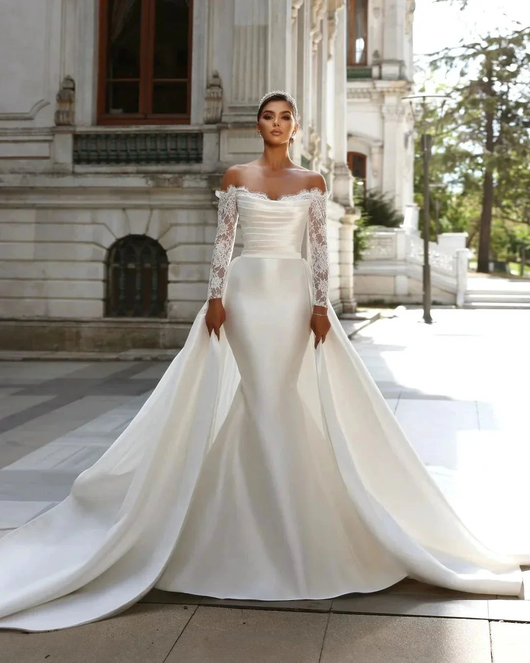 Charming Long White Off-the-shoulder Mermaid Lace Long Sleeves Wedding Dress With Detachable Train - Image 3