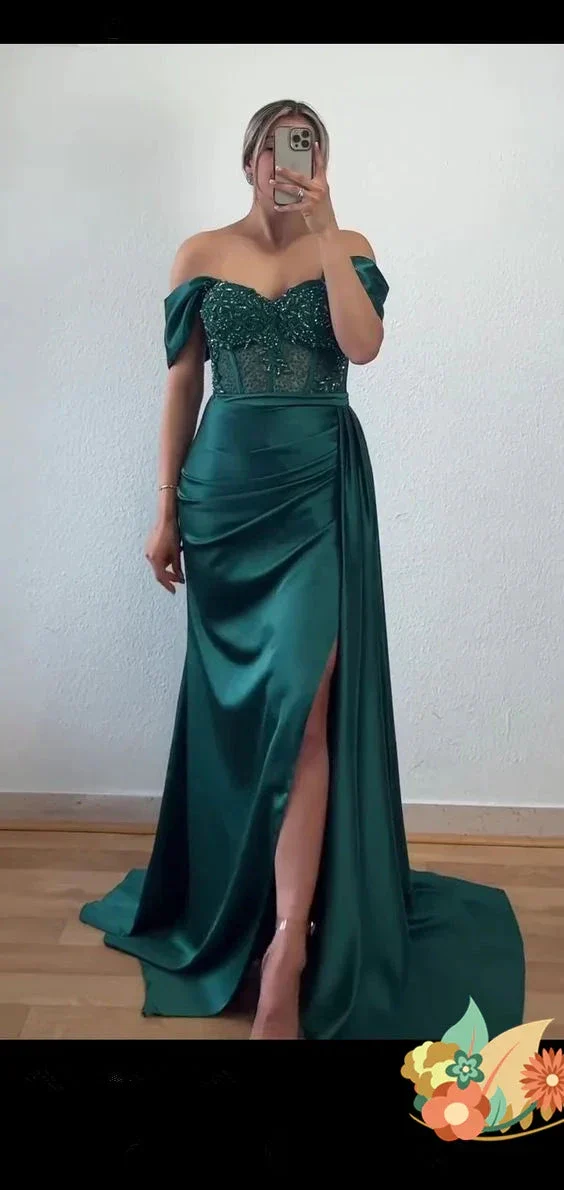 Charming Mermaid Emerald Green Satin Corset Evening Dress Y5592 - Image 2