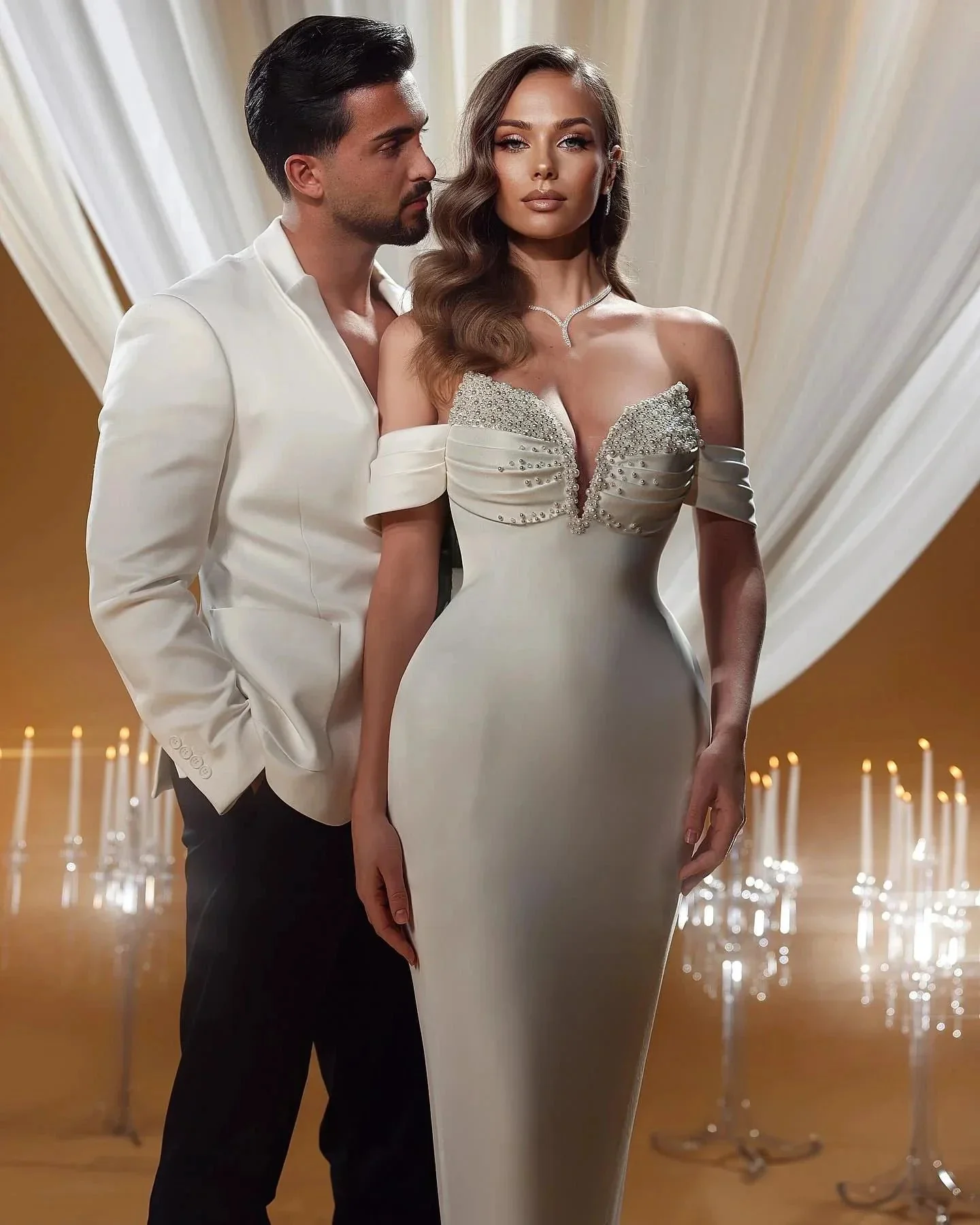 Charming Mermaid Off-the-shoulder Sleeveless Ruffles Satin Wedding Dresses - Image 3