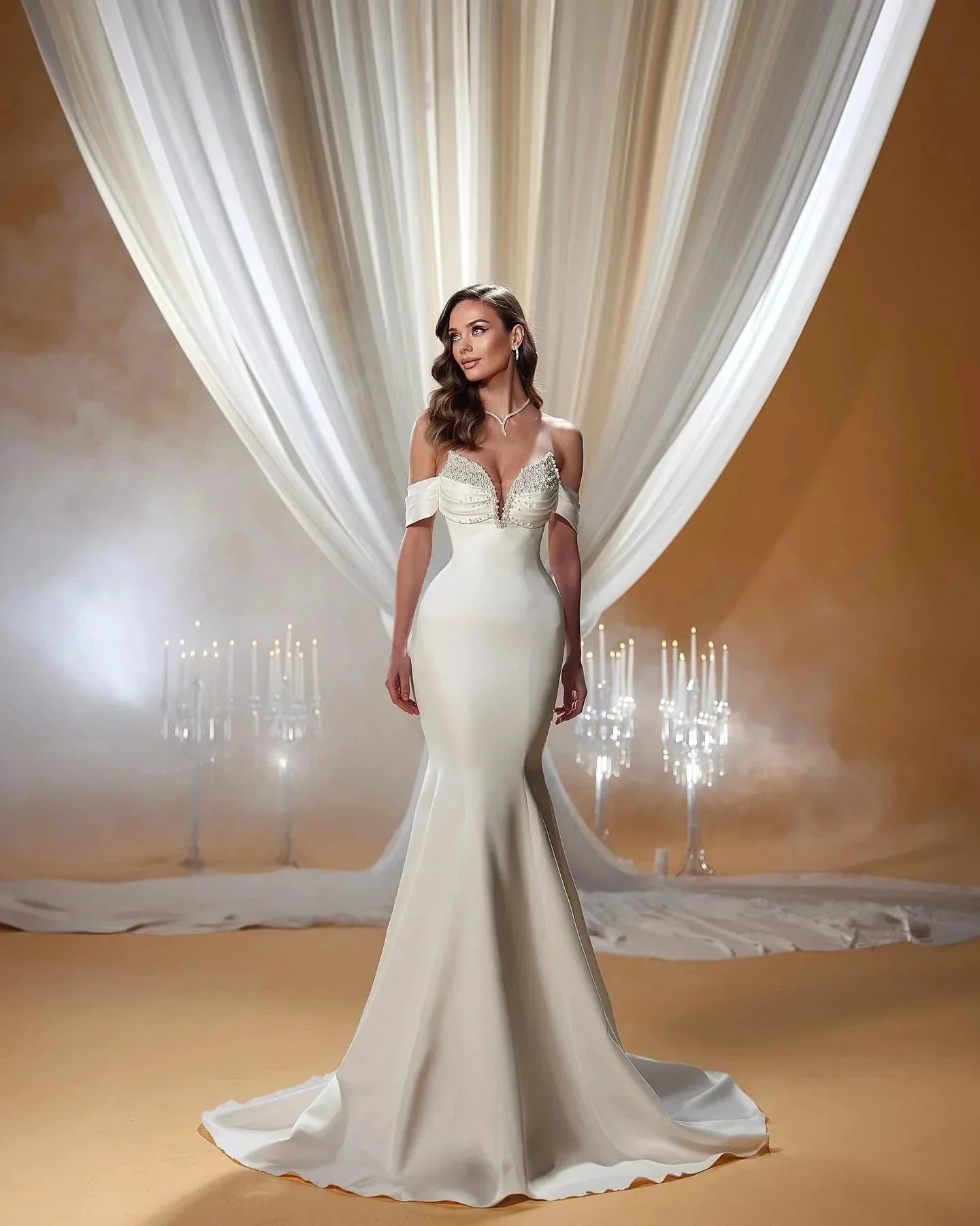 Charming Mermaid Off-the-shoulder Sleeveless Ruffles Satin Wedding Dresses - Image 4