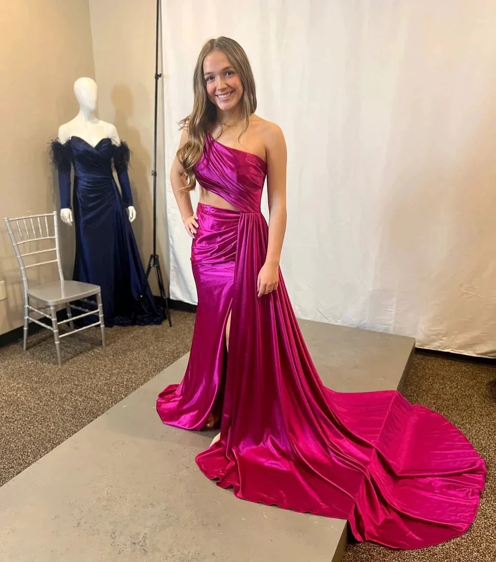 Shannon | Charming Mermaid One Shoulder Satin Prom Dresses with Slit - Image 5