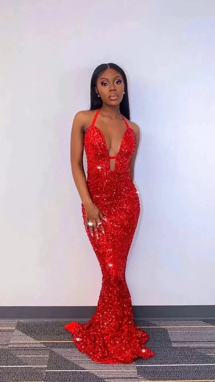 Charming Mermaid Red Sequins Long Prom Dresses,Sexy Red Evening Dress Y1693 - Image 2
