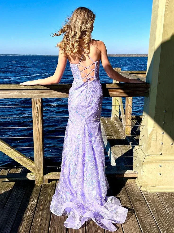 Charming Mermaid Spagehtti Straps Lilac Lace Sequin Long Prom Dress Evening Dress Y8235 - Image 4