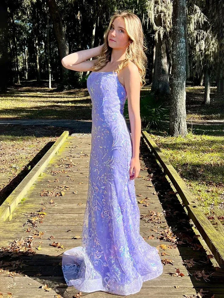 Charming Mermaid Spagehtti Straps Lilac Lace Sequin Long Prom Dress Evening Dress Y8235 - Image 5