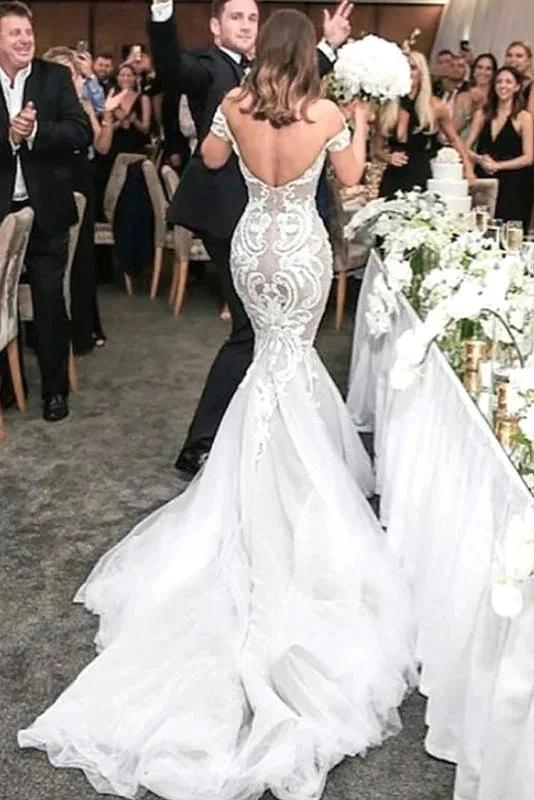 Charming Mermaid Style Off-the-Shoulder Sweep Train Lace Elegant Wedding Dresses - Image 2