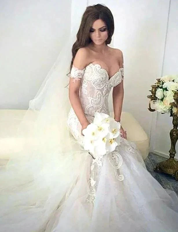 Charming Mermaid Style Off-the-Shoulder Sweep Train Lace Elegant Wedding Dresses - Image 3