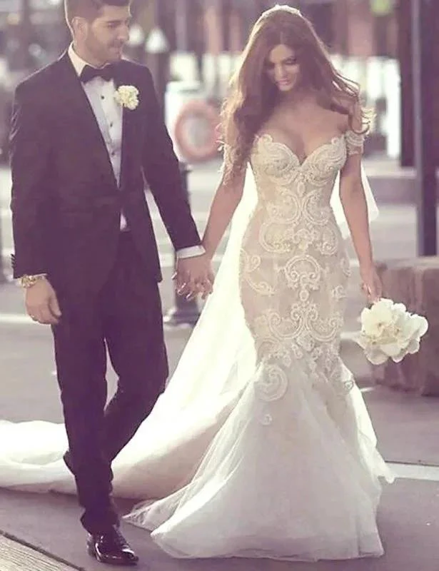 Charming Mermaid Style Off-the-Shoulder Sweep Train Lace Elegant Wedding Dresses - Image 4