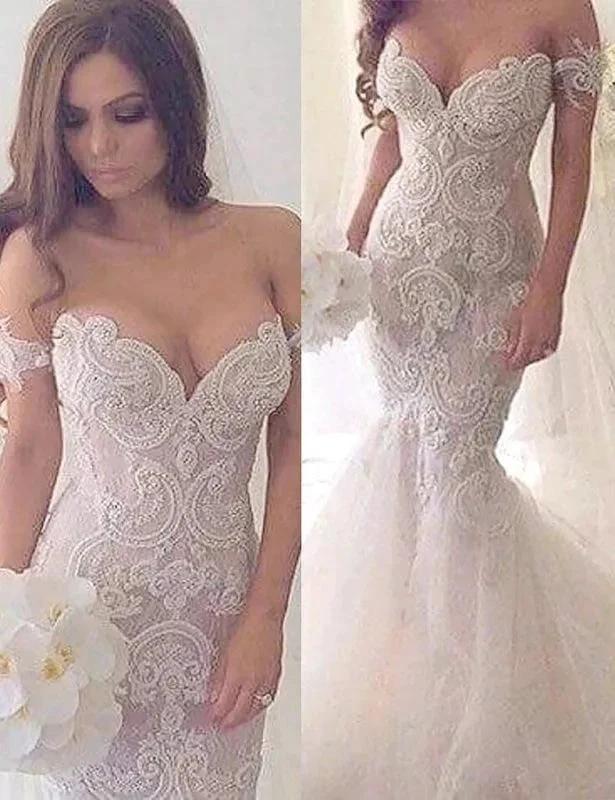 Charming Mermaid Style Off-the-Shoulder Sweep Train Lace Elegant Wedding Dresses - Image 5