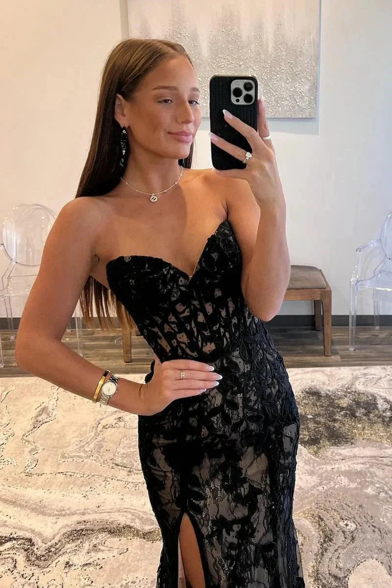 Lyric |Mermaid Strapless Lace Prom Dress with Slit - Image 4