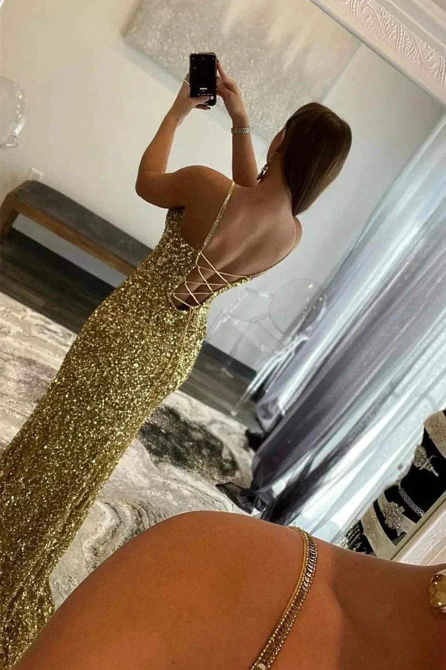 Arlene | Charming Mermaid V Nekc Gold Sequins Long Prom Dresses with Slit - Image 2