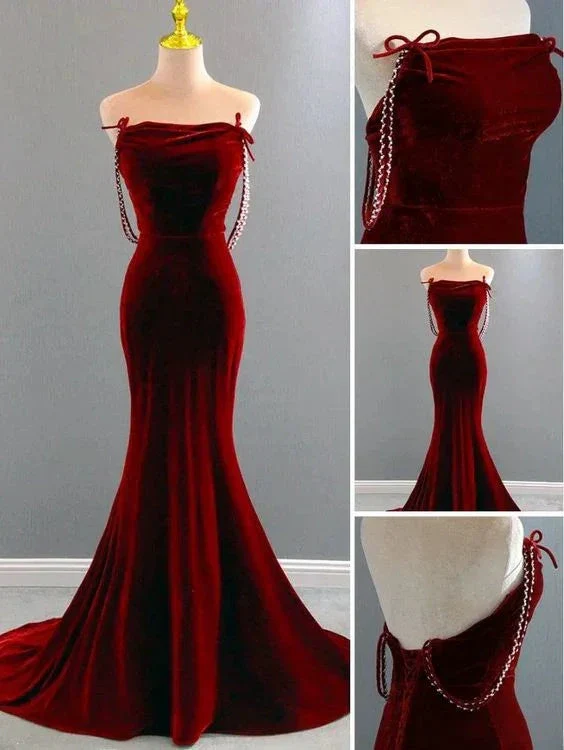 Charming Mermaid Wine Red Long Velvet Evening Dress Y7404 - Image 2