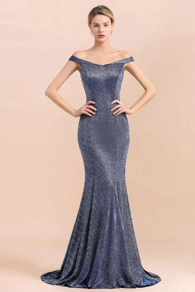 Charming Off-the-Shoulder Bright Silk Mermaid Evening Maxi Gown Floor Length Slim Prom Party Dress - Image 3