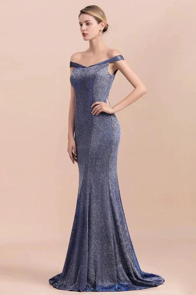 Charming Off-the-Shoulder Bright Silk Mermaid Evening Maxi Gown Floor Length Slim Prom Party Dress - Image 4