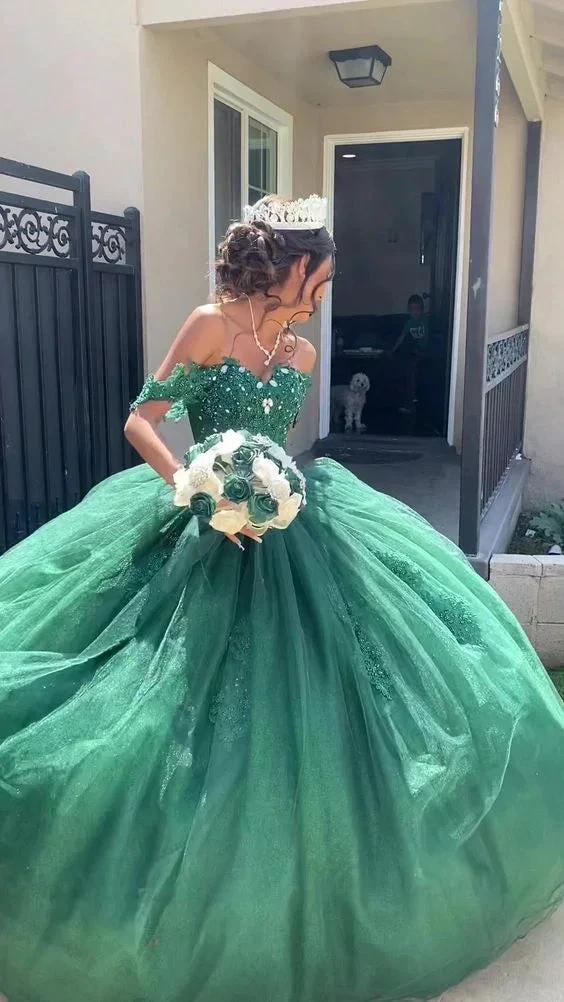 Charming Off The Shoulder Green Tulle Lace Princess Dress,Green Ball Gown Y1118 - Image 2