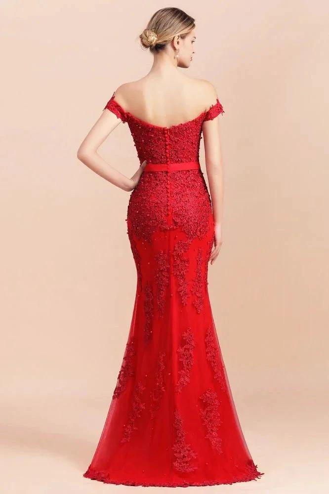 Charming Off-the-Shoulder Lace Appliques Red Mermaid Bridemaid Dres Slim Evening Gown - Image 2