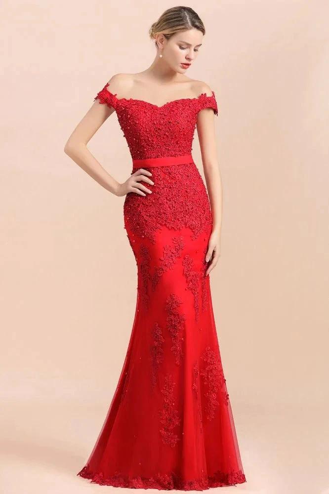 Charming Off-the-Shoulder Lace Appliques Red Mermaid Bridemaid Dres Slim Evening Gown - Image 3
