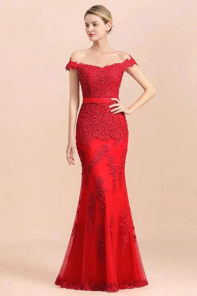 Charming Off-the-Shoulder Lace Appliques Red Mermaid Bridemaid Dres Slim Evening Gown - Image 4