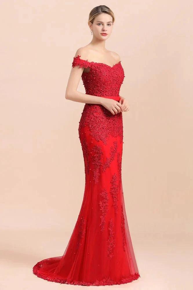 Charming Off-the-Shoulder Lace Appliques Red Mermaid Bridemaid Dres Slim Evening Gown - Image 5