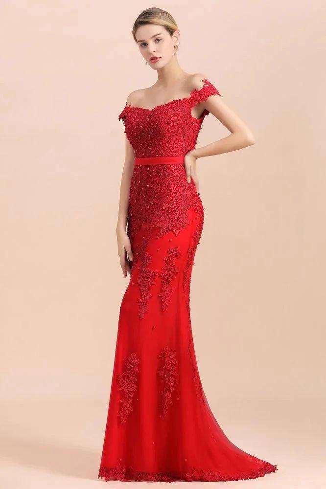 Charming Off-the-Shoulder Lace Appliques Red Mermaid Bridemaid Dres Slim Evening Gown - Image 6