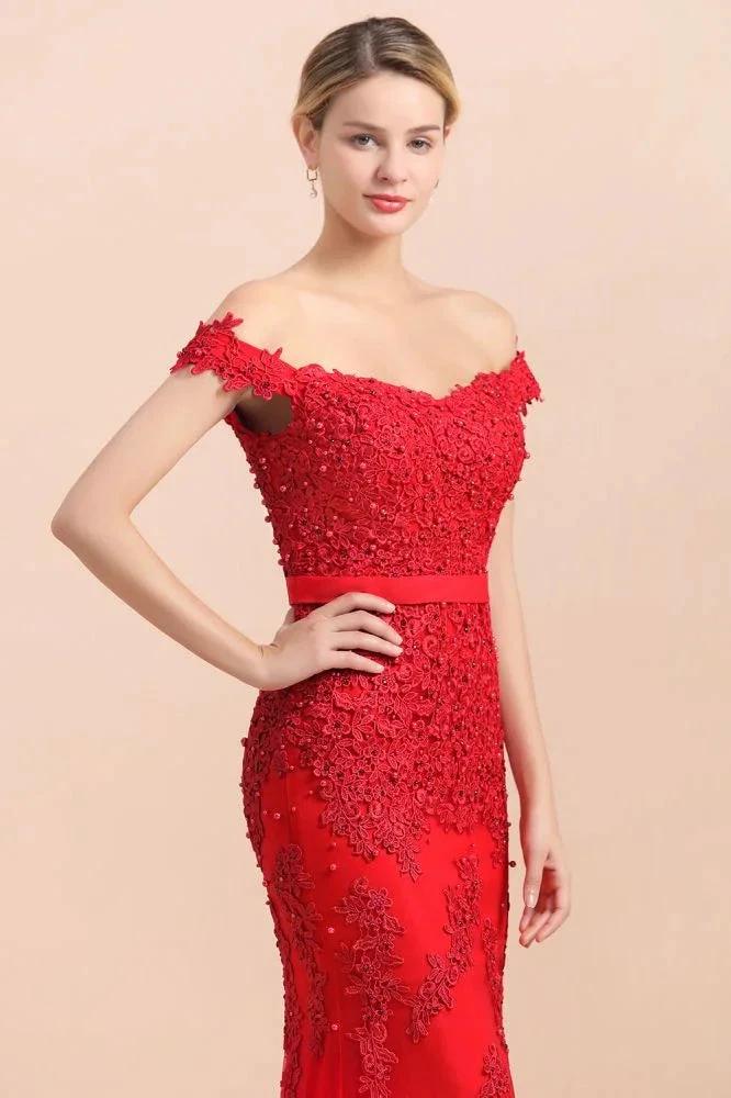 Charming Off-the-Shoulder Lace Appliques Red Mermaid Bridemaid Dres Slim Evening Gown - Image 7