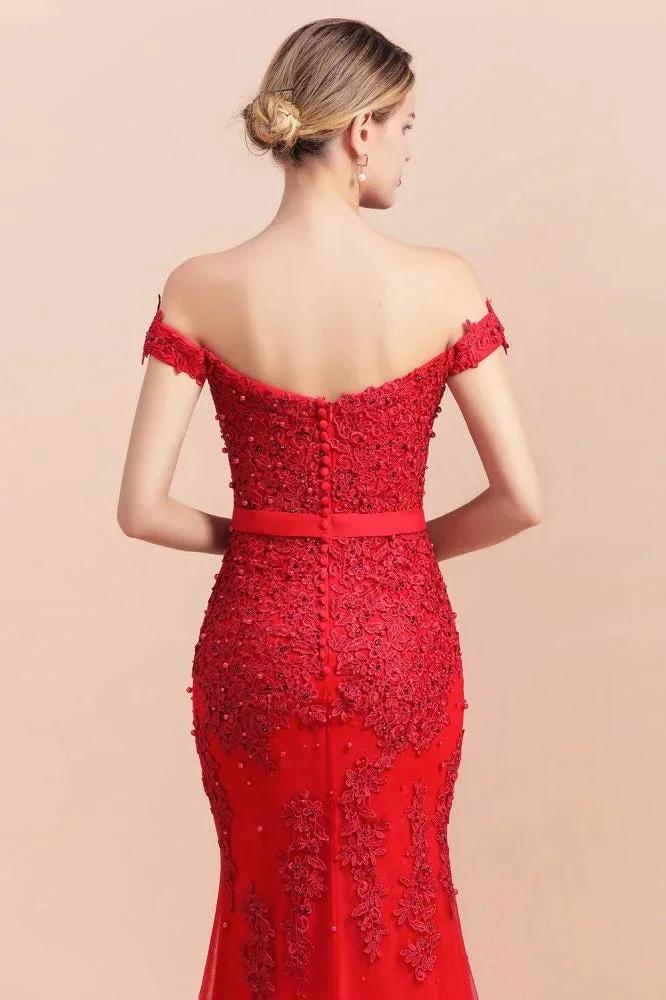 Charming Off-the-Shoulder Lace Appliques Red Mermaid Bridemaid Dres Slim Evening Gown - Image 8