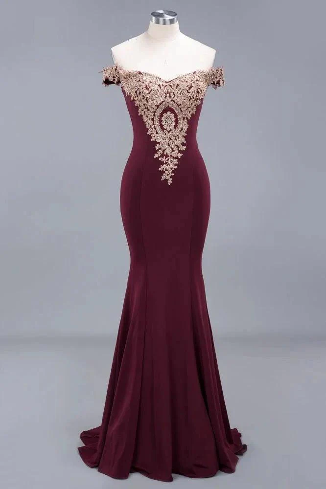 Charming Off-The-Shoulder Mermaid Gold Appliques Prom Dress Slim Floor-Length Evening Gown - Image 3