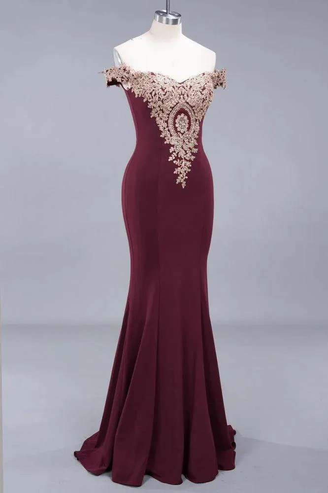 Charming Off-The-Shoulder Mermaid Gold Appliques Prom Dress Slim Floor-Length Evening Gown - Image 4