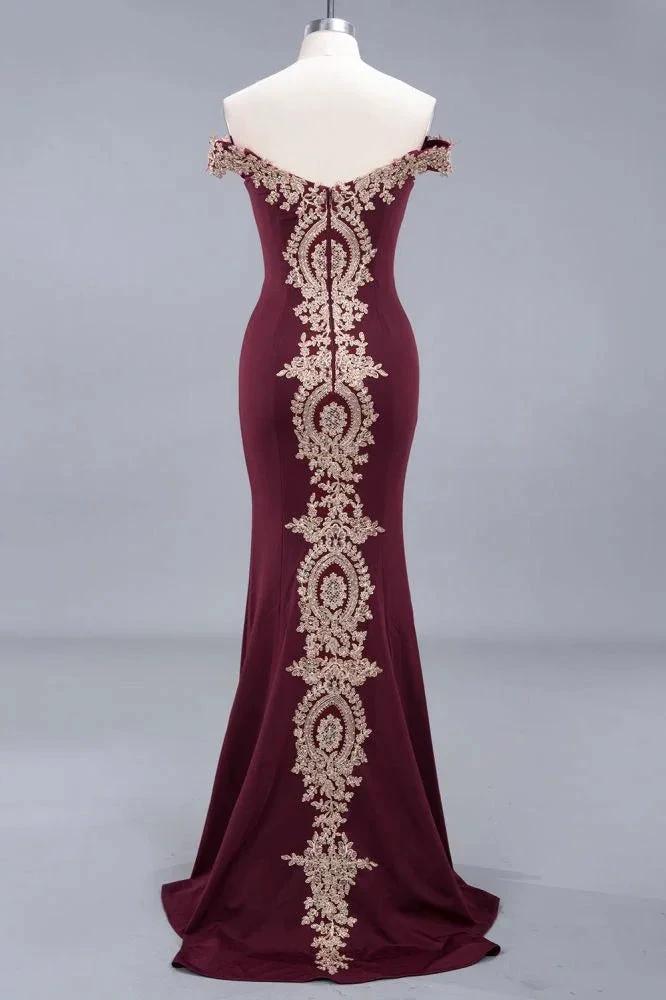 Charming Off-The-Shoulder Mermaid Gold Appliques Prom Dress Slim Floor-Length Evening Gown - Image 5