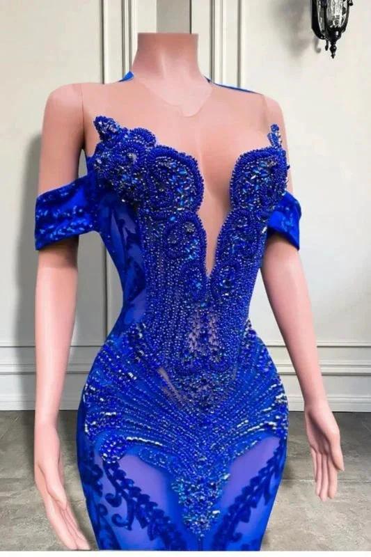 Charming Off-the-Shoulder Royal Blue Crystals Mermaid Prom Dress with Beadings - Image 3