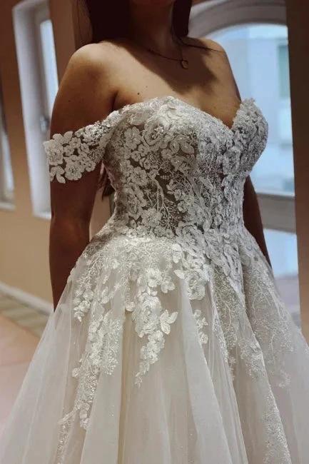 Charming Off the Shoulder Strapless A-Line Lace Tulle Wedding Dress - Image 4