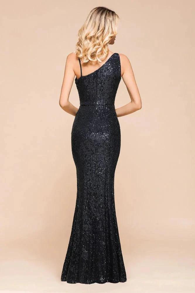 Charming One Shoulder Glitter Sequins Evening Prom Dress Side Split Party Gown - Image 2