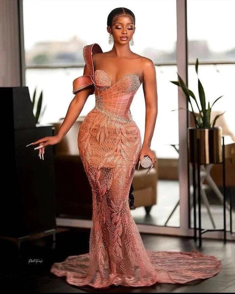 Charming One Shoulder Mermaid Prom Dress Glitter Sequins Pearl Sweetheart Evening Dress - Image 3