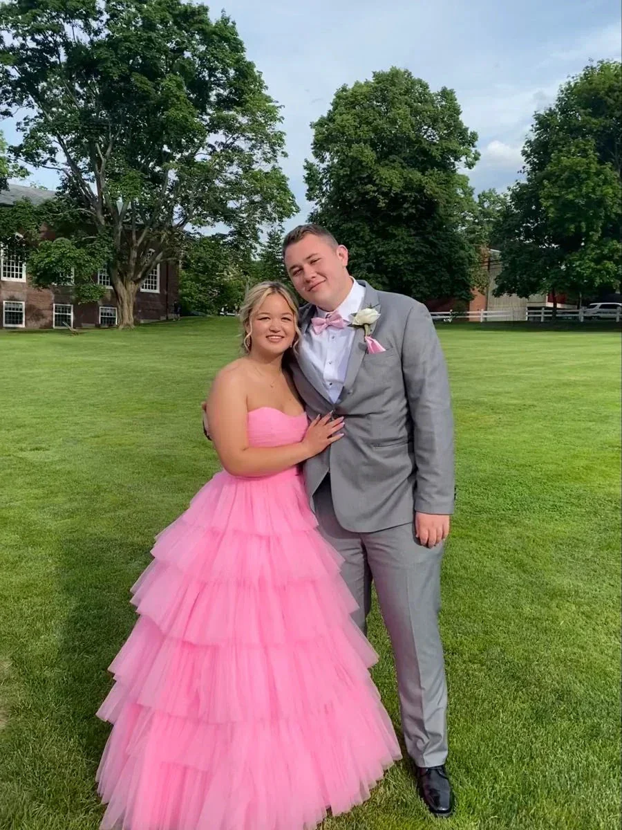 Charming Pink A-line Tulle Tiered Prom Dress,Pink Tulle Evening Dress  Y2161 - Image 2