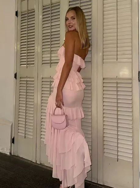 Charming Pink Chiffon Ruffles Tiered Evening Dress Slit Mermaid Prom Party Dress Y8006 - Image 2