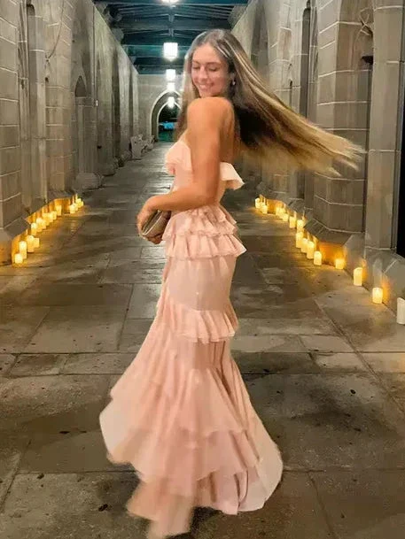 Charming Pink Chiffon Ruffles Tiered Evening Dress Slit Mermaid Prom Party Dress Y8006 - Image 3