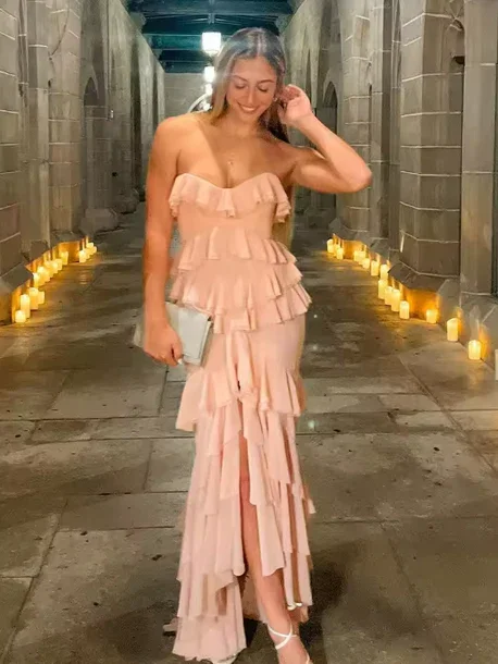 Charming Pink Chiffon Ruffles Tiered Evening Dress Slit Mermaid Prom Party Dress Y8006 - Image 4