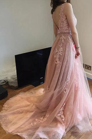 Charming Pink Lace Tulle  Open Back  Little Train Wedding Dresses WD198 - Image 2