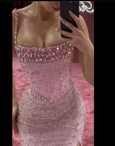 Charming Pink Mermaid Beaded Evening Gown Spaghetti Straps Slit Long Prom Party Dress Y7970 - Image 2