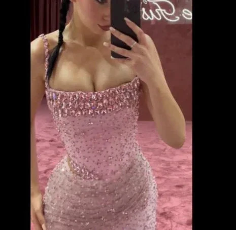 Charming Pink Mermaid Beaded Evening Gown Spaghetti Straps Slit Long Prom Party Dress Y7970 - Image 3