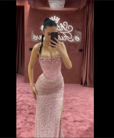 Charming Pink Mermaid Beaded Evening Gown Spaghetti Straps Slit Long Prom Party Dress Y7970 - Image 4