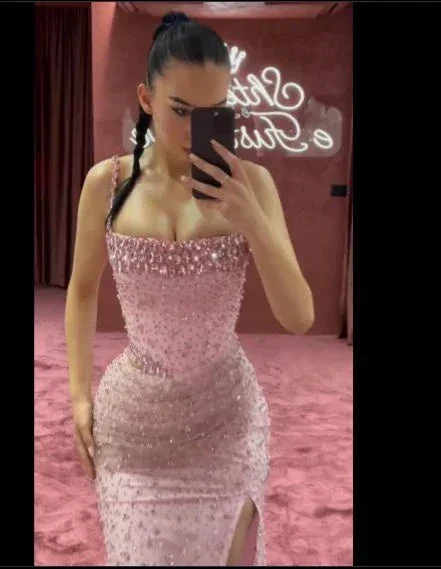 Charming Pink Mermaid Beaded Evening Gown Spaghetti Straps Slit Long Prom Party Dress Y7970 - Image 6