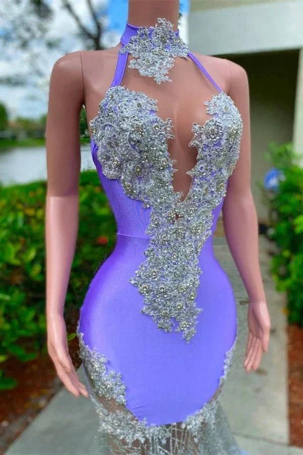 Charming Purple Long Mermaid Halter Satin Tulle Prom Dress - Image 2
