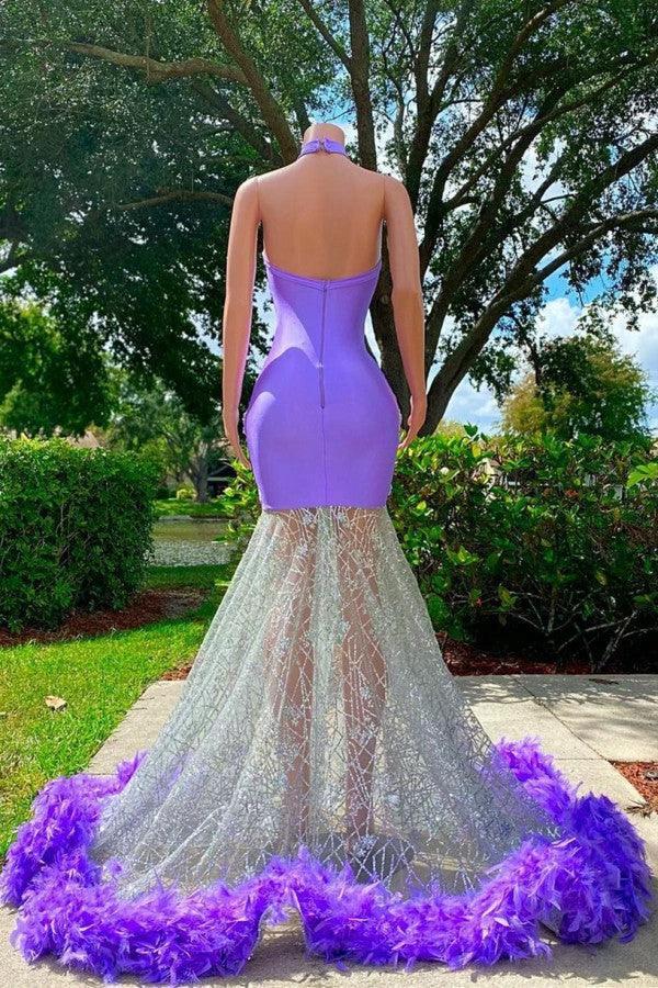 Charming Purple Long Mermaid Halter Satin Tulle Prom Dress - Image 3
