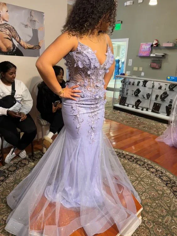 Charming Purple V Neck Mermaid Evening Dress Purple Evening Gown Y6621 - Image 2