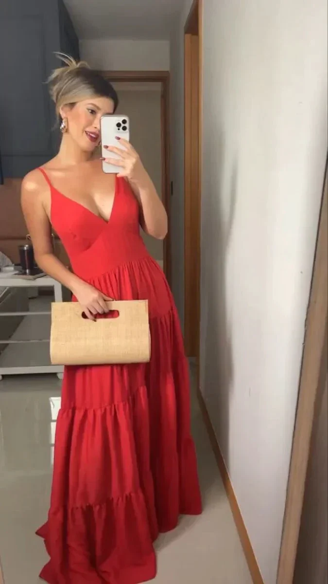 Charming Red A-line V Neck Long Evening Dress Y5925 - Image 2