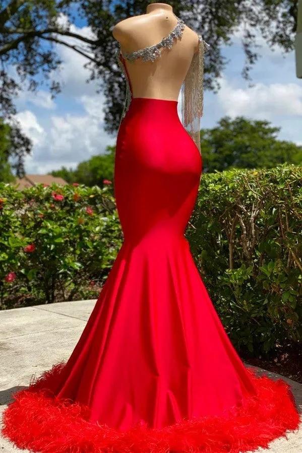 Charming Red Long Mermaid Tassel One Shoulder Satin Backless Prom Dress - Image 2