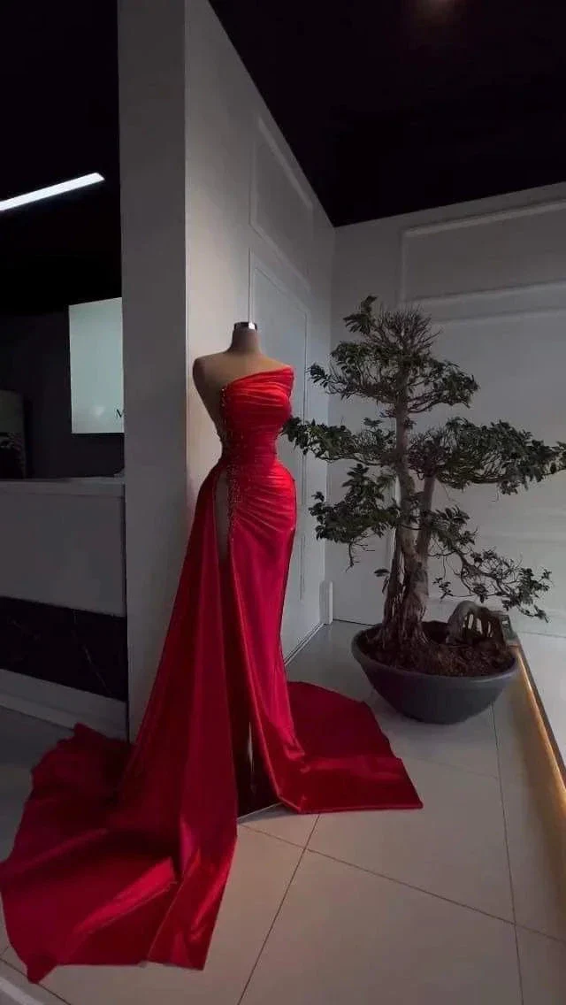 Charming Red Satin Long Evening Dress with High Slit Y4115 - Image 2