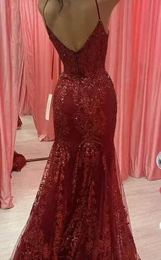 Charming Red Tulle Lace Mermaid Prom Dress Evening Gown Y7854 - Image 2