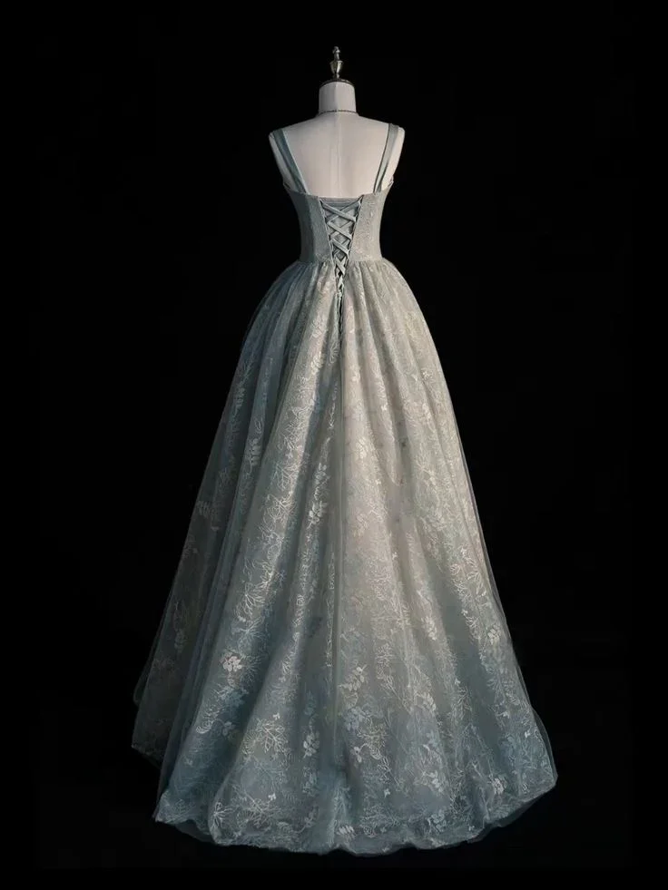 Charming Sage Green Long Tulle Lace Prom Dress A Line Party Evening Dress Y7544 - Image 2